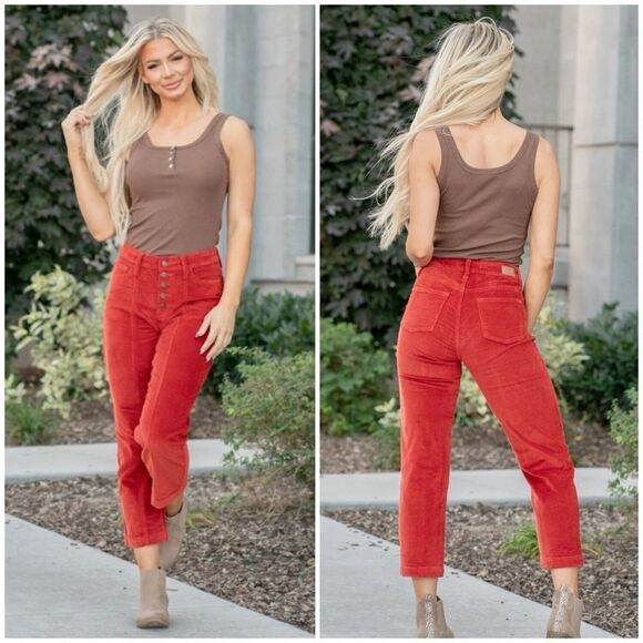 NWT Judy Blue Womens High Waist Ankle Straight Corduroy Jeans Rust Size 16W - Picture 1 of 15